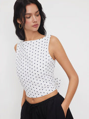 Boat Neck Polka Dot Bowknot Backless Crop Top