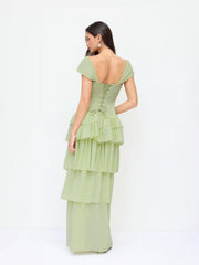 Chiffon Square Neck Draped Tiered Maxi Dress