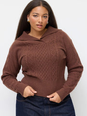 Cable Knit Collar Long Sleeve Cinched Waist Sweater Curve & Plus