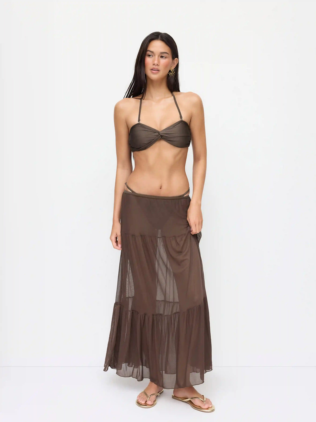 Halter Neckline Twist Bracelet Bikini Set With Cover Up Skirt