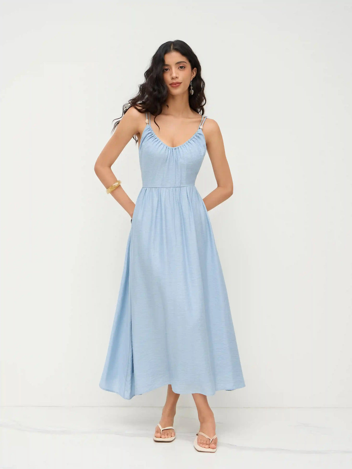 Linen-blend Beaded Criss Cross Backless Maxi Dress