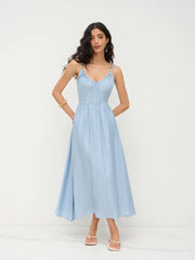 Linen-blend Beaded Criss Cross Backless Maxi Dress