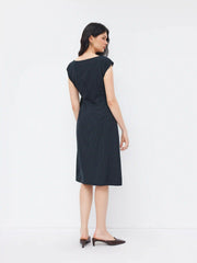 Boat Neck Stripe Knotted Ruched Midi Dress