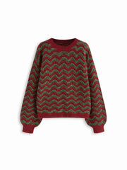 Knit Wave Geometric Lantern Sleeve Top With Scarf