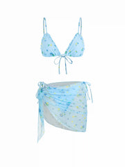 V-neck Floral Lettuce Trim Tie Side Triangle Bikini Set With Sheer Sarong