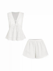 Cotton V-Neck Lace Trim Top & Mid Rise Shorts Loungewear Set