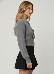 Knit Round Neck Solid Tie Front Bowknot Cardigan