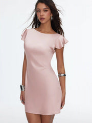 Satin Boat Neck Ruffle Sleeve Backless Mini Dress with Chain