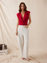 High Stretch Cowl Neck Draped Ruched Crop Top