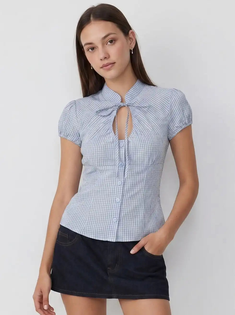 Cotton-blend Gingham Stand Collar Puff Sleeve Bowknot Cut Out Blouse