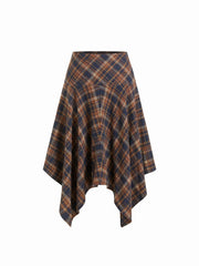 Wool-look Mid Rise Plaid Flared Asymmetrical Midi Skirt