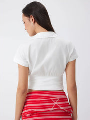 Cotton V-neck Ruched Short Sleeve Blouse