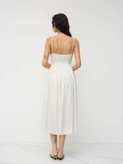 Linen-blend Square Neck Stripe Shirred Midi Dress