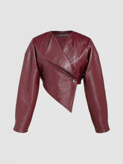 Solid Faux Leather Button Up Asymmetrical Crop Jacket
