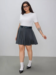 Mid Waist Pleated Mini Skirt With Belt Curve & Plus