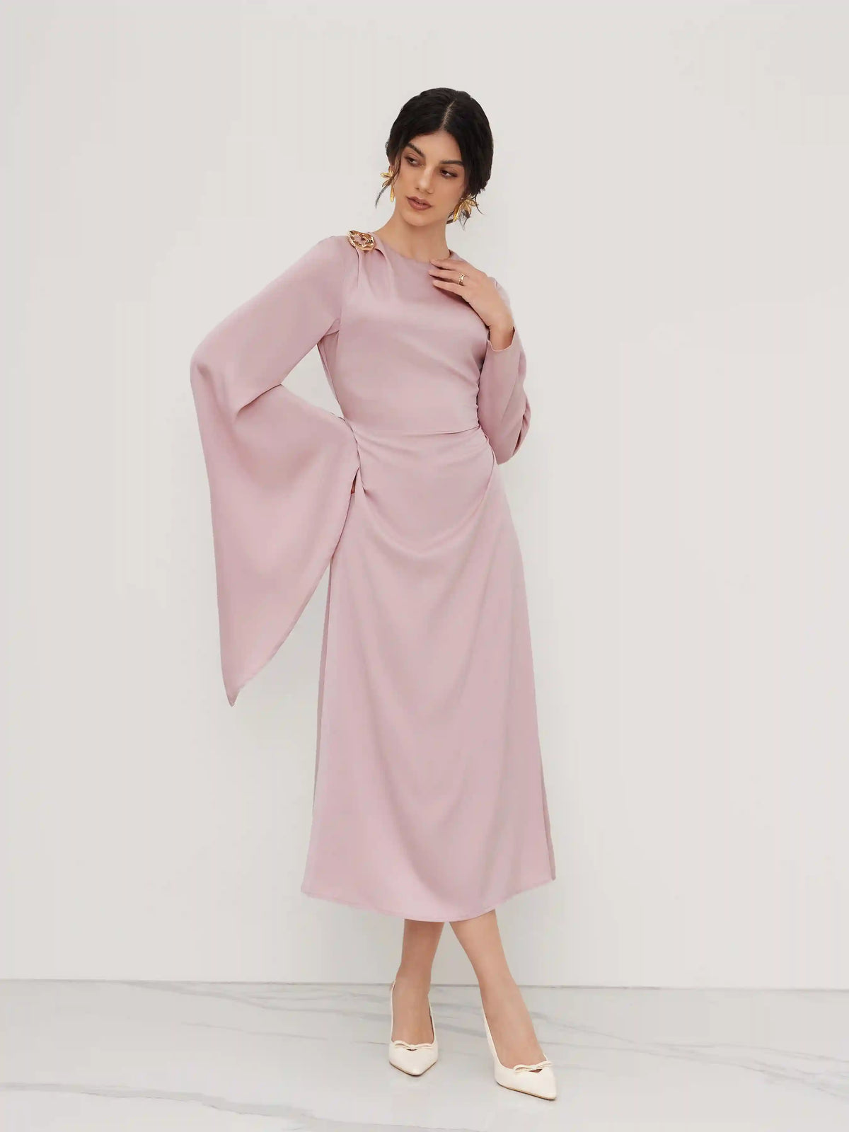 Satin Boat Neck Asymmetrical Sleeve Ruched Metal Detail Maxi Dress