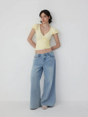 V-neck Ruffle Sleeve Lace Trim Drawstring Ruched Top