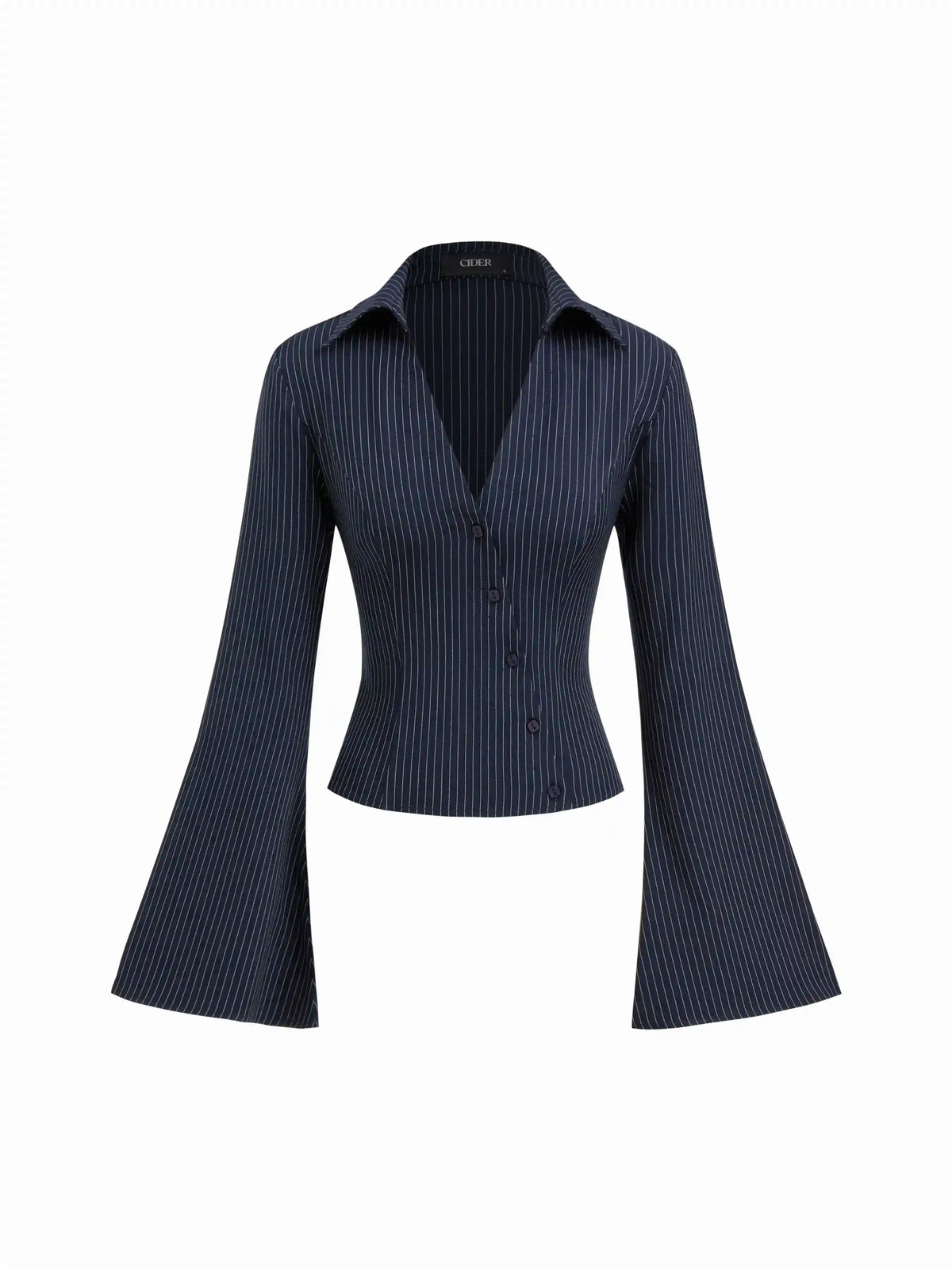 Stripe Collar V-neck Bell Sleeve Asymmetrical Button Shirt