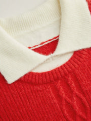 Knit Collar Two Tone Contrasting Binding Long Sleeve Top