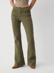Stretch Denim Low Rise Studded Flared Jeans
