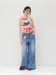 Cotton-blend Cat Graphic Gingham Ruched Tank Top