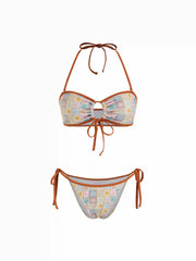 Halter Neckline Sun & Moon Graphic Cut Out Tie Side Bikini Set