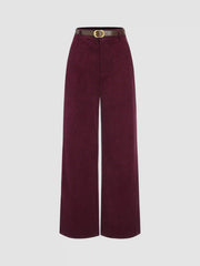 Corduroy Mid Rise Belted Straight Leg Pants