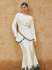 Satin Draped Lace Trim Top & Mid Rise Mermaid Maxi Skirt Set