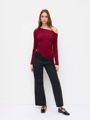 Brushed Fabric Asymmetrical Neck Hanky Hem Ruched Drawstring Top