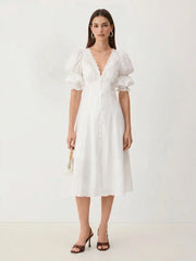 Broderie Anglaise Rose Floral V-neck Puff Sleeve Flared Midi Dress