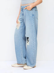 Denim Low Rise Barrel-Leg Ripped Jeans
