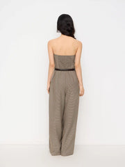 Houndstooth Shirred Wide Leg Bandeau Jumpsuit With Belt