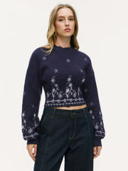 Knit Floral High Neck Lantern Sleeve Crop Top