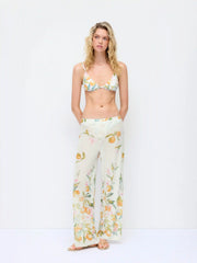 V-neck Fruit Graphic Low Rise Triangle 3 Piece Bikini Set With Pants