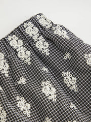 Cotton-blend Mid Rise Check Floral Embroidery Elastic Waist Tiered Maxi Skirt