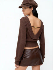 Knit Boat Neck Backless Chain Detail Long Sleeve Top