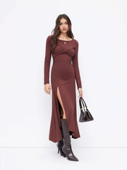 Scoop Neckline Long Sleeve Twist Split Side Maxi Dress