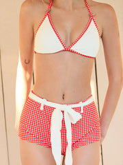 Halter Neckline Checks Belted Contrasting Binding Triangle Shorts Bikini Set
