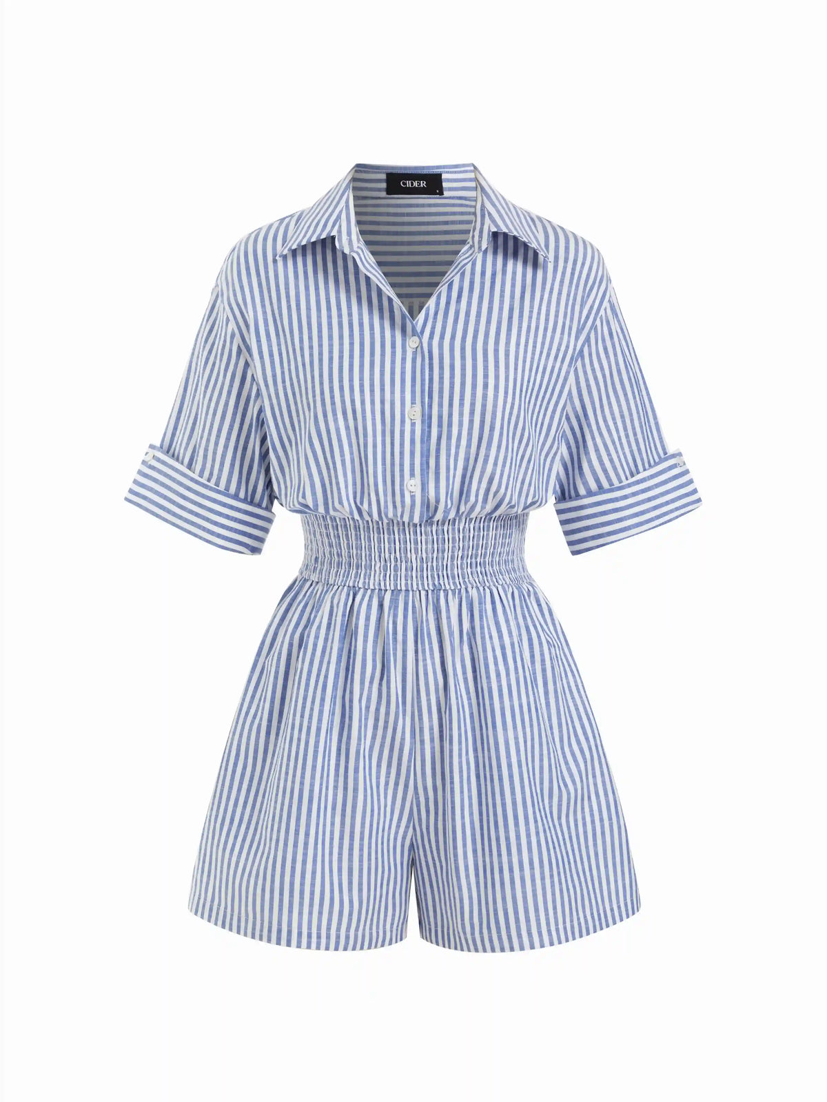 Cotton-Blend Striped Collar Shirred Waist Romper