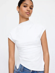 Cotton-blend Stand Collar Ruched Asymmetrical Hem Short Sleeve Top
