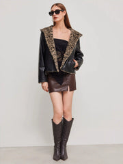 Faux Shearling Hooded Jacket With Leopard Lining