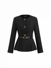 Round Neckline Metal Button Pleated Blazer With Belt