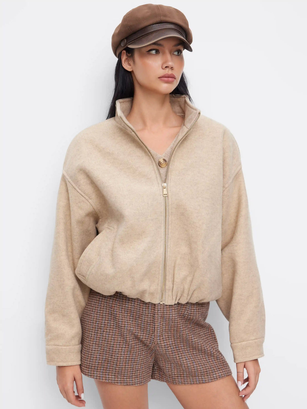 Wool-look Stand Collar Zip Through Oversized Bomber