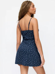 Cotton Floral Sweetheart Textured Bowknot Flared Mini Dress