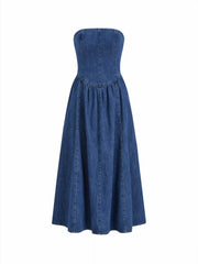Denim Ruched Ruffle Hem Bandeau Maxi Dress