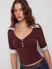 Cotton-blend V-neck Striped Two Tone Button Mid-length Sleeve Blouse