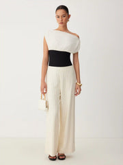 Linen-blend Asymmetrical Neck Color-Blocking Sleeveless Bodysuit