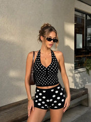 Knit Polka Dot Halter Neck Crop Top & Micro Shorts Set
