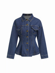 Denim Collar Long Sleeve Cinched Waist Ruffle Hem Button Jacket