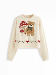 Jacquard Mushroom & Bear Graphic Round Neckline Oversized Top